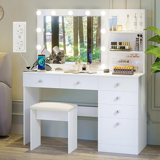 VOWNER 47" Vanity with Outlet - Makeup Vanity Desk with Mirror, Storage Shelves and 6 Drawers, 3-Color Light, Makeup Desk Set with Stool for Bedroom, White