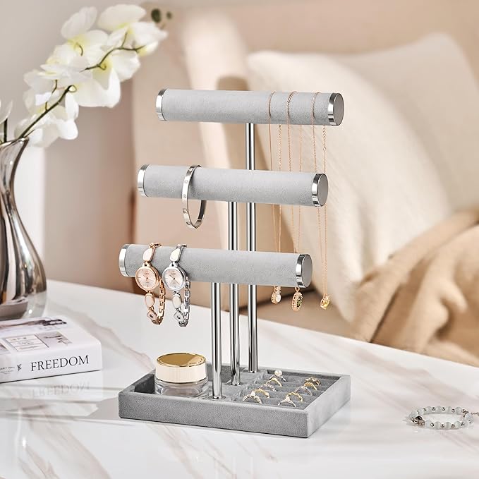 bussdis 3 Tier Bracelet Holder Display - Detachable T Bar Grey Velvet Bracelet Holder, Jewelry Holder Organizer for Bracelet, Necklace, Earrings, Rings