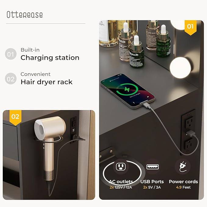 Otterease Vanity Desk with LED Lighted Mirror&Power Outlet, 3 Lighting Colors Makeup Vanity with 5 Large Drawers and 3 Storage Shelves, Vanity with Storage Stool for Bedroom, Black