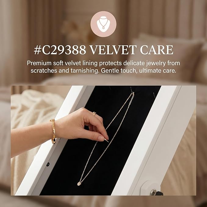 FansaFurn Elegant White 47.3" Jewelry Armoire with Full-Length Mirror-Lockable Velvet-Lined Storage, 3-Angle Adjustable Mirror, 5 Shelves, 2 Locks & Bonus Pouch