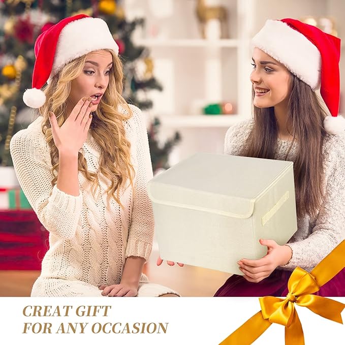 Bagnizer Large 22 Quart [4-Pack] Linen Fabric Foldable Storage Bin Cube Organizer Basket with Flip-Top Lid & Handles, Clothes Blanket Box for Home, Office, Closet (14.6 x 9.5 x 9.5, Beige)