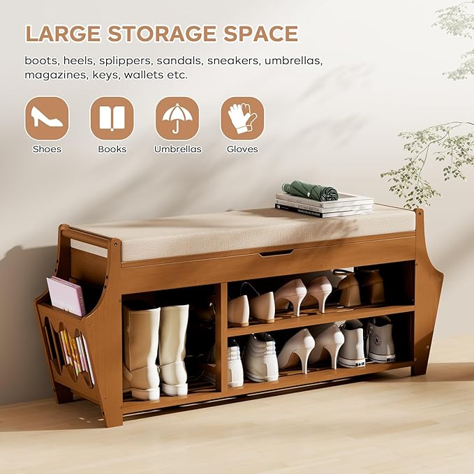 Bamboo Shoe Storage Bench - 47" Entryway Rack with Cushion & Side Holders
