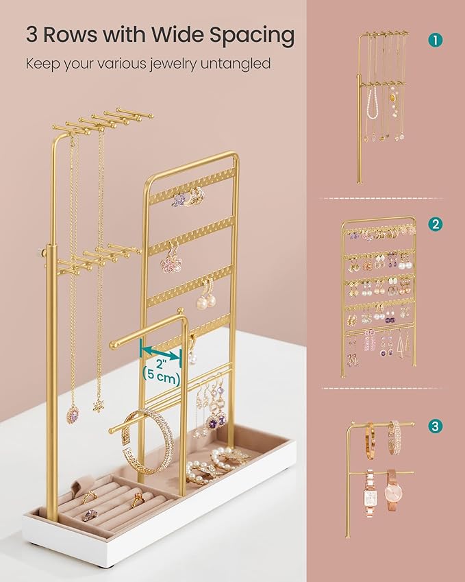 SONGMICS Jewelry Holder, Jewelry Storage Organizer Stand with Metal Frame, Velvet Tray, 12.1 to 18.7 Inches Tall Height Adjustable Necklace Holder, for Rings, Earrings, Pale Gold UJJS026A01