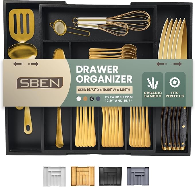 Sben Expandable Drawer Organizer for Utensils Holder, Adjustable Cutlery Tray, 6-8 Slots, Premium Wood Drawer Dividers Organizer for Silverware, Flatware, Knives for Kitchen (Black)