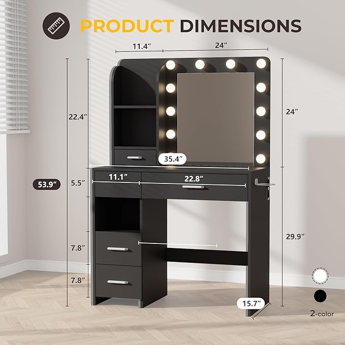 Otterease Vanity Desk with LED Lighted Mirror&Power Outlet, 3 Lighting Colors Makeup Vanity with 5 Large Drawers and 3 Storage Shelves, Vanity with Storage Stool for Bedroom, Black