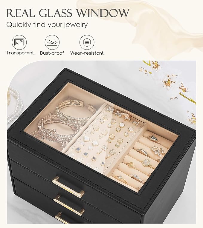 Homde Jewelry Box with Compartments for Women: Big Storage Organizer for Room - Necklace, Earring, Ring Holder for Dresser (Black + Yellow)