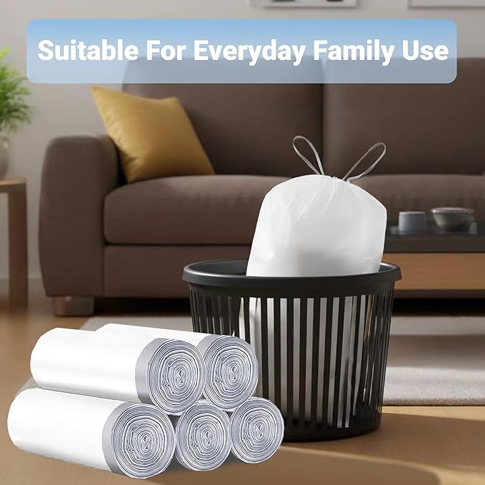 1.6 Gallon Drawstring Trash Bags (400 Count) 1.0 Mils Heavy Duty Small Garbage Bags Fit 4.5-8 Liter 1.2-2 Gal White Trash Bin Liners for Home Office Kitchen Bathroom Bedroom