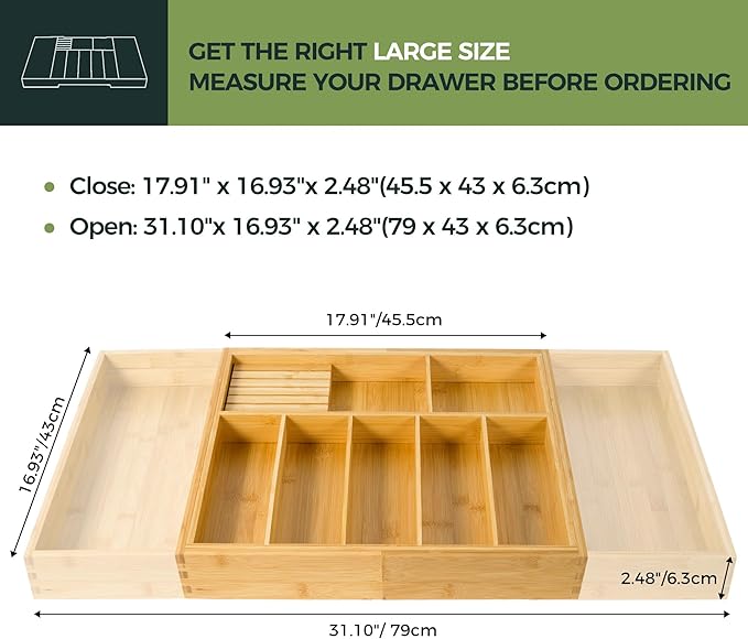 VaeFae Extra Large Kitchen Utensil Holder, Bamboo Silverware Drawer Organizer, Expandable Cutlery Organizer with Knife Block, Multifunctional Drawer Divider