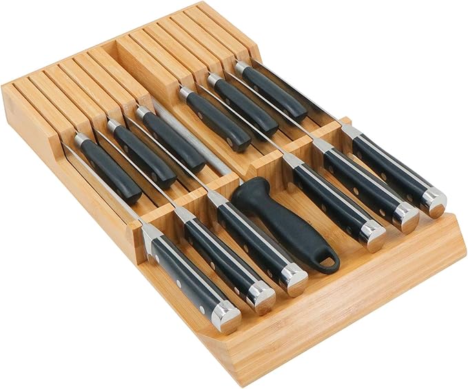 Utoplike in-Drawer Knife Block Bamboo Kitchen Knife Drawer Organizer, Handle Steak Knife Holder Without Knives, Fit for 12 Knives and 1 Sharpening Steel (Knives Not Included)