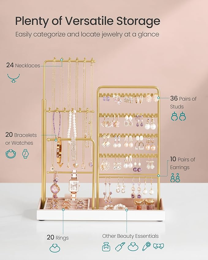 SONGMICS Jewelry Holder, Jewelry Storage Organizer Stand with Metal Frame, Velvet Tray, 12.1 to 18.7 Inches Tall Height Adjustable Necklace Holder, for Rings, Earrings, Pale Gold UJJS026A01