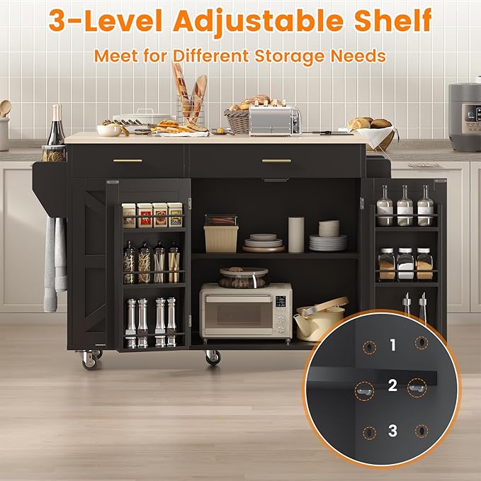 VVFLU 51.8" Kitchen Island Cart with Trash Can Storage, Kitchen Island on Wheels with Power Outlet & Drop Leaf, Rolling Kitchen Cart with Towel Rack & Spice Rack, Mobile Islands Table for Kitchen