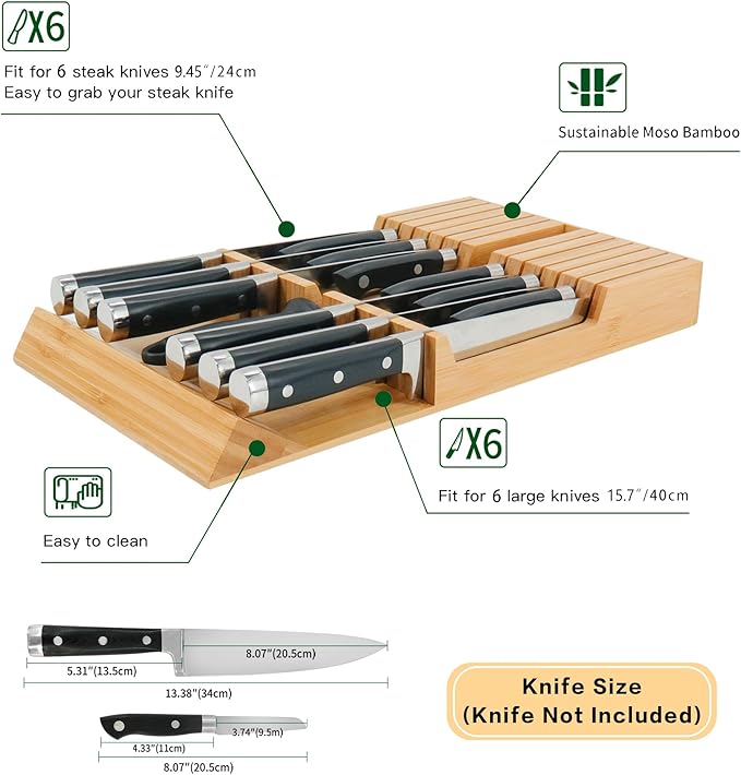 Utoplike in-Drawer Knife Block Bamboo Kitchen Knife Drawer Organizer, Handle Steak Knife Holder Without Knives, Fit for 12 Knives and 1 Sharpening Steel (Knives Not Included)
