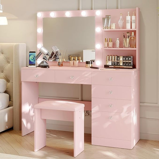 VOWNER 47" Vanity with Outlet - Makeup Vanity Desk with Mirror, Storage Shelves and 6 Drawers, 3-Color Light, Makeup Desk Set with Stool for Bedroom, Pink