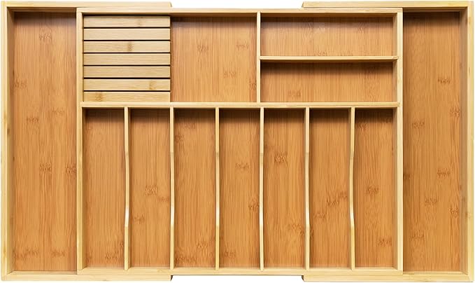 VaeFae Extra Large Kitchen Utensil Holder, Bamboo Silverware Drawer Organizer, Expandable Cutlery Organizer with Knife Block, Multifunctional Drawer Divider (10-12 compartments)