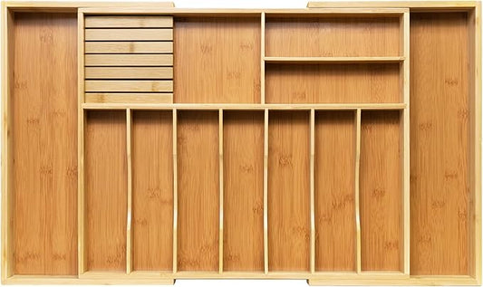 VaeFae Extra Large Kitchen Utensil Holder, Bamboo Silverware Drawer Organizer, Expandable Cutlery Organizer with Knife Block, Multifunctional Drawer Divider (10-12 compartments)