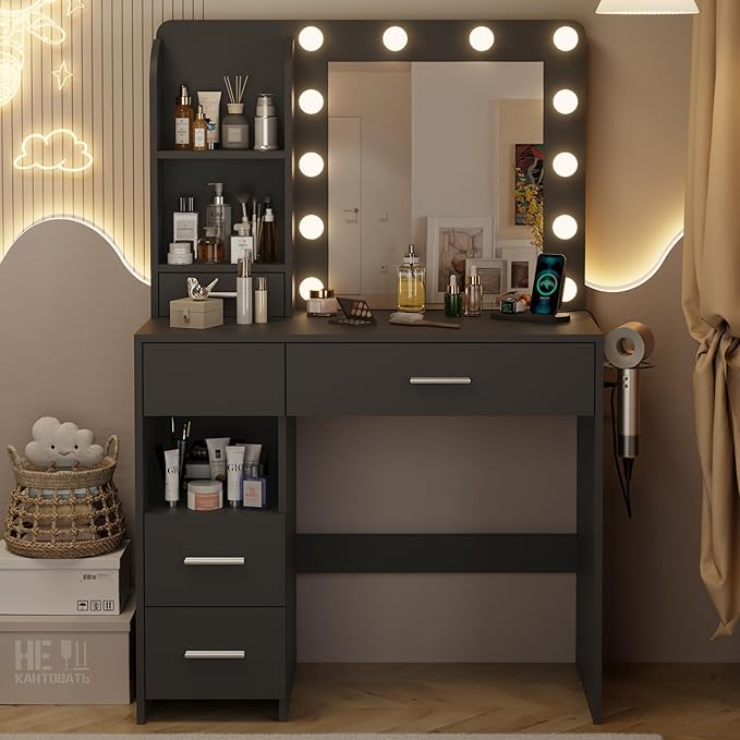 Otterease Vanity Desk with LED Lighted Mirror&Power Outlet, 3 Lighting Colors Makeup Vanity with 5 Large Drawers and 3 Storage Shelves, Vanity with Storage Stool for Bedroom, Black