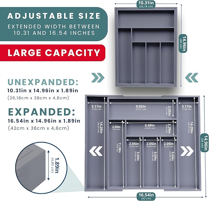 Sben Expandable Drawer Organizer for Utensils Holder, Adjustable Cutlery Tray, 6-8 Slots, Premium Wood Drawer Dividers Organizer for Silverware, Flatware, Knives for Kitchen (Gray)