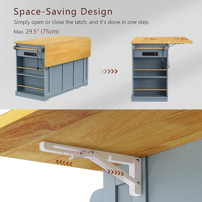 Yayzy Rolling Kitchen Island with 2 Bar Stools, Drop Leaf & Power Outlet, Large Kitchen Islands Cart on Wheels, Movable Kitchen Island with 5 Open Shelves & Towel Rack for Dining Room, 53″, Grey Blue