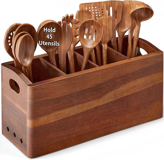 Natural Acacia Wood Utensil Holder for Kitchen Counter, 4 Compartment with Removable Dividers (Dimensions 15.74"x7.2"x5.04"), Large Cooking Utensil Organizer - Anti-Scratch Bottom