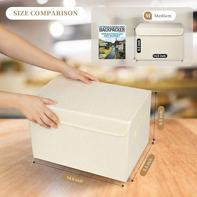 Bagnizer Large 22 Quart [4-Pack] Linen Fabric Foldable Storage Bin Cube Organizer Basket with Flip-Top Lid & Handles, Clothes Blanket Box for Home, Office, Closet (14.6 x 9.5 x 9.5, Beige)