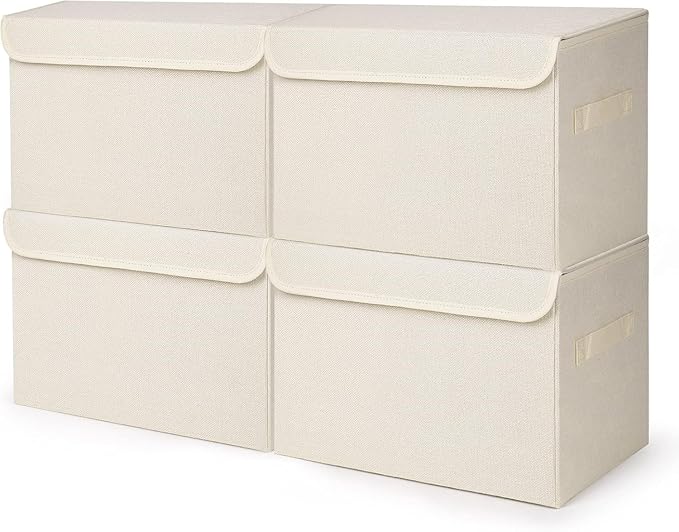 Bagnizer Large 22 Quart [4-Pack] Linen Fabric Foldable Storage Bin Cube Organizer Basket with Flip-Top Lid & Handles, Clothes Blanket Box for Home, Office, Closet (14.6 x 9.5 x 9.5, Beige)