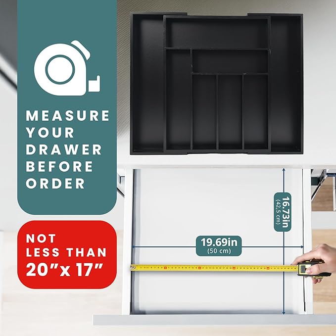 Sben Expandable Drawer Organizer for Utensils Holder, Adjustable Cutlery Tray, 6-8 Slots, Premium Wood Drawer Dividers Organizer for Silverware, Flatware, Knives for Kitchen (Black)