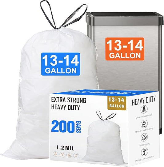 13-14 Gallon Drawstring Trash Bags (200 Count) 1.2 Mil Heavy Duty Garbage Bags Fit for 13-14 Gallon Trash Can Tear & Leak Resistant for Home Office Kitchen Bathroom Bedroom