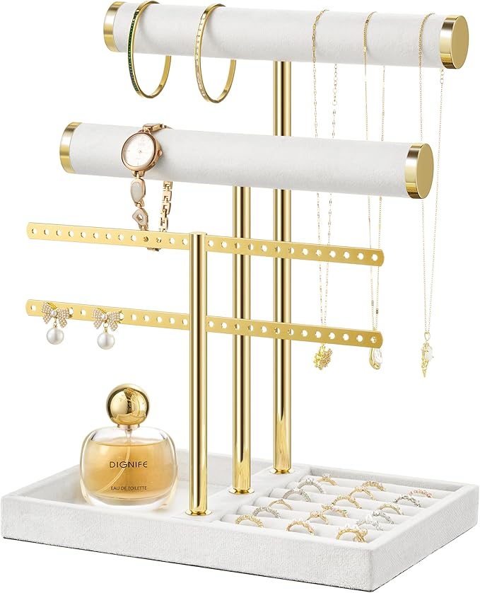 bussdis 3 Tier Bracelet Holder Display - Detachable T Bar White Velvet Bracelet Holder, Jewelry Holder Organizer for Bracelet, Necklace, Earrings, Rings