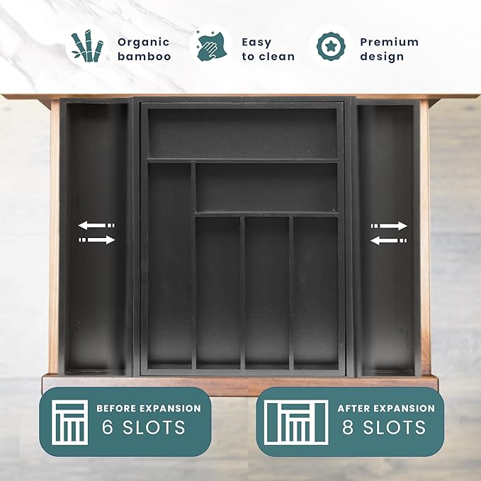 Sben Expandable Drawer Organizer for Utensils Holder, Adjustable Cutlery Tray, 6-8 Slots, Premium Wood Drawer Dividers Organizer for Silverware, Flatware, Knives for Kitchen (Black)