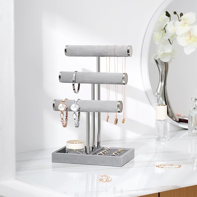 bussdis 3 Tier Bracelet Holder Display - Detachable T Bar Grey Velvet Bracelet Holder, Jewelry Holder Organizer for Bracelet, Necklace, Earrings, Rings