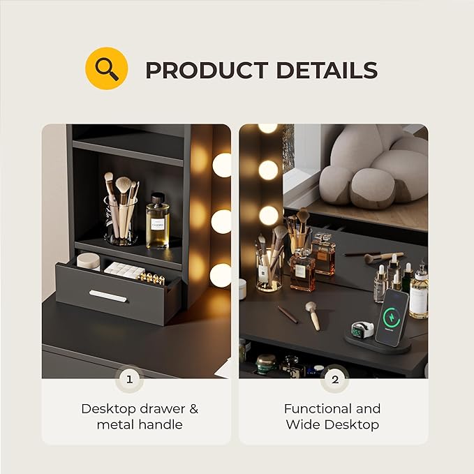 Otterease Vanity Desk with LED Lighted Mirror&Power Outlet, 3 Lighting Colors Makeup Vanity with 5 Large Drawers and 3 Storage Shelves, Vanity with Storage Stool for Bedroom, Black