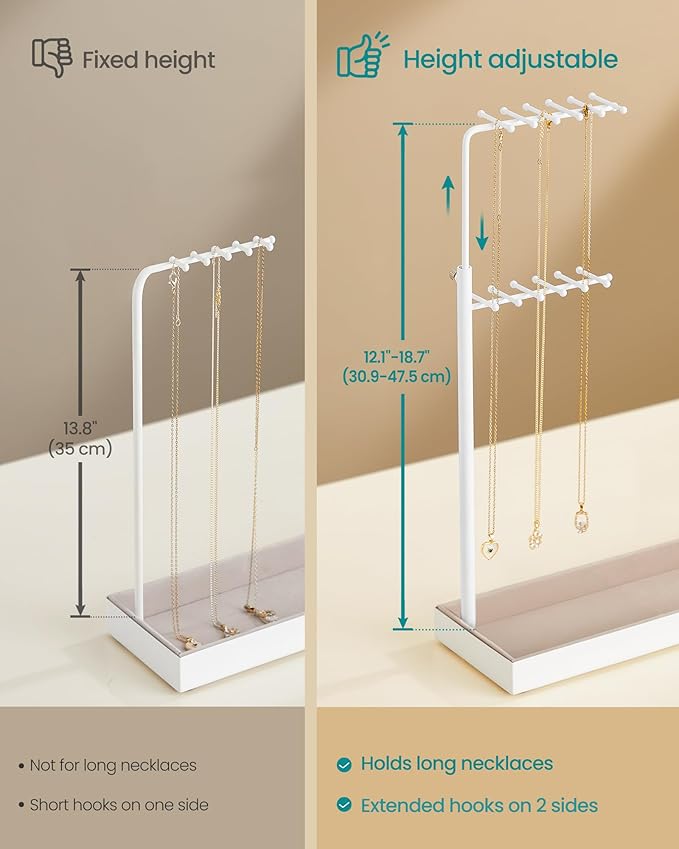 SONGMICS Jewelry Holder, Jewelry Storage Organizer Stand with Metal Frame, Velvet Tray, 12.1 to 18.7 Inches Tall Height Adjustable Necklace Holder, for Rings, Earrings, Matte White UJJS026W01