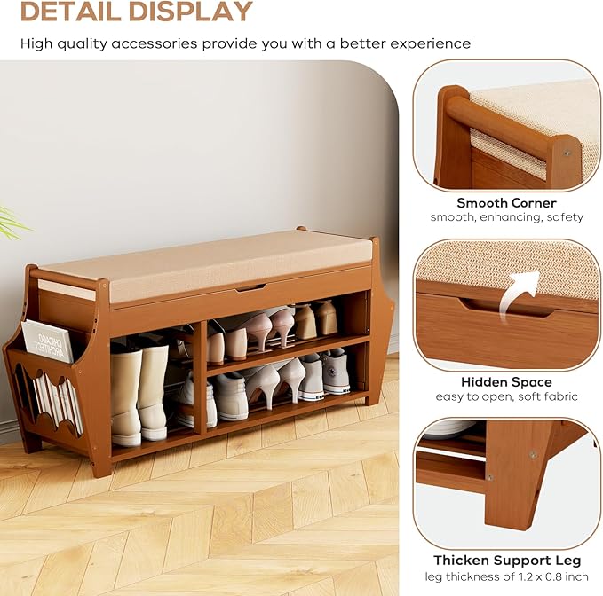 Bamboo Shoe Storage Bench - 47" Entryway Rack with Cushion & Side Holders