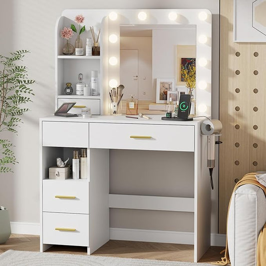 Otterease Vanity Desk with LED Lighted Mirror&Power Outlet, 3 Lighting Colors Makeup Vanity with 5 Large Drawers and 3 Storage Shelves, Vanity with Storage Stool for Bedroom, White