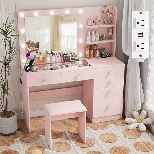 VOWNER 47" Vanity with Glass Top - Makeup Vanity Desk with Outlet, 6 Drawers, 3 Storage Shelves and Mirror, 3 Color Lighting with Dimming Brightness, Makeup Desk with Stool for Bedroom, Pink
