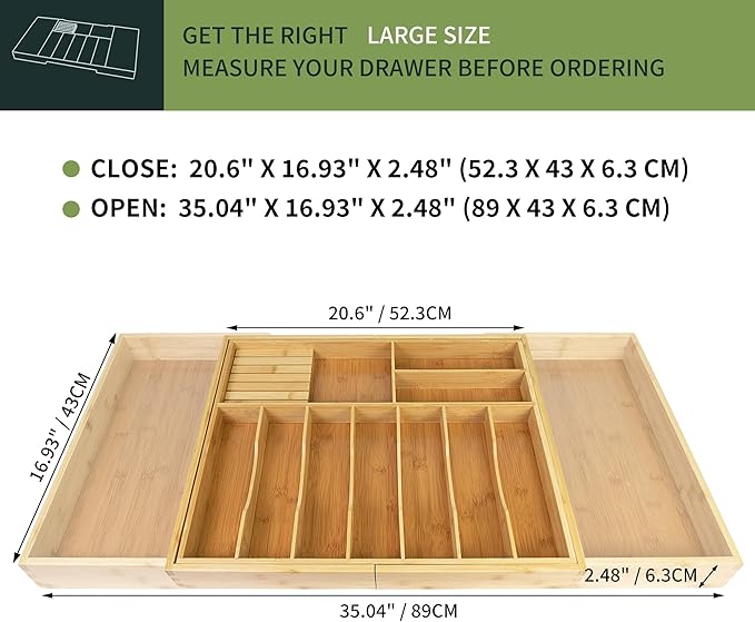 VaeFae Extra Large Kitchen Utensil Holder, Bamboo Silverware Drawer Organizer, Expandable Cutlery Organizer with Knife Block, Multifunctional Drawer Divider (10-12 compartments)