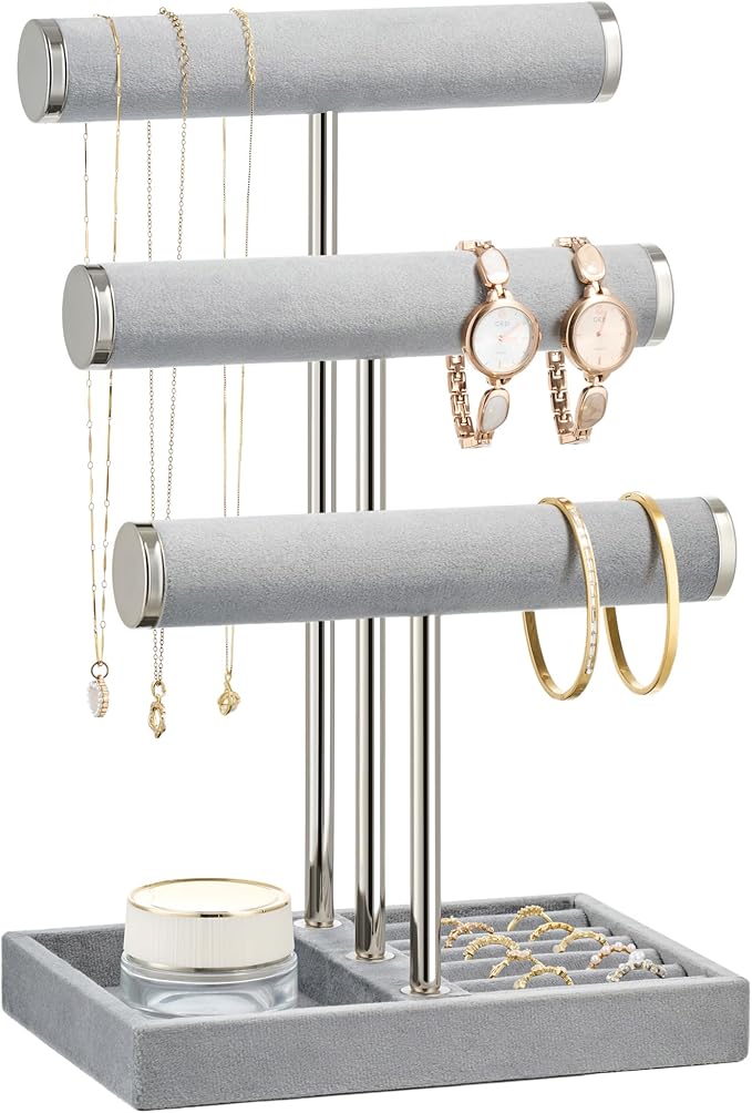 bussdis 3 Tier Bracelet Holder Display - Detachable T Bar Grey Velvet Bracelet Holder, Jewelry Holder Organizer for Bracelet, Necklace, Earrings, Rings