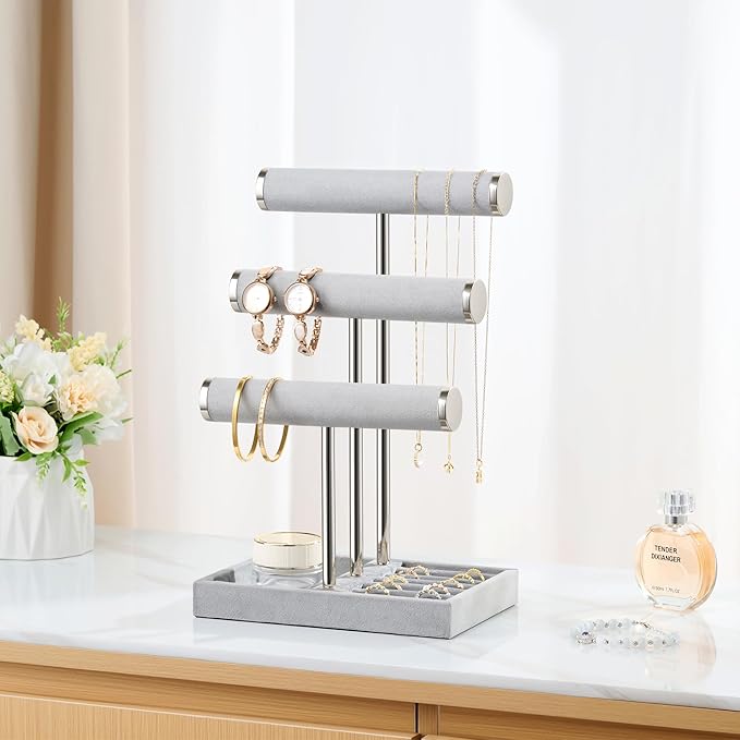 bussdis 3 Tier Bracelet Holder Display - Detachable T Bar Grey Velvet Bracelet Holder, Jewelry Holder Organizer for Bracelet, Necklace, Earrings, Rings