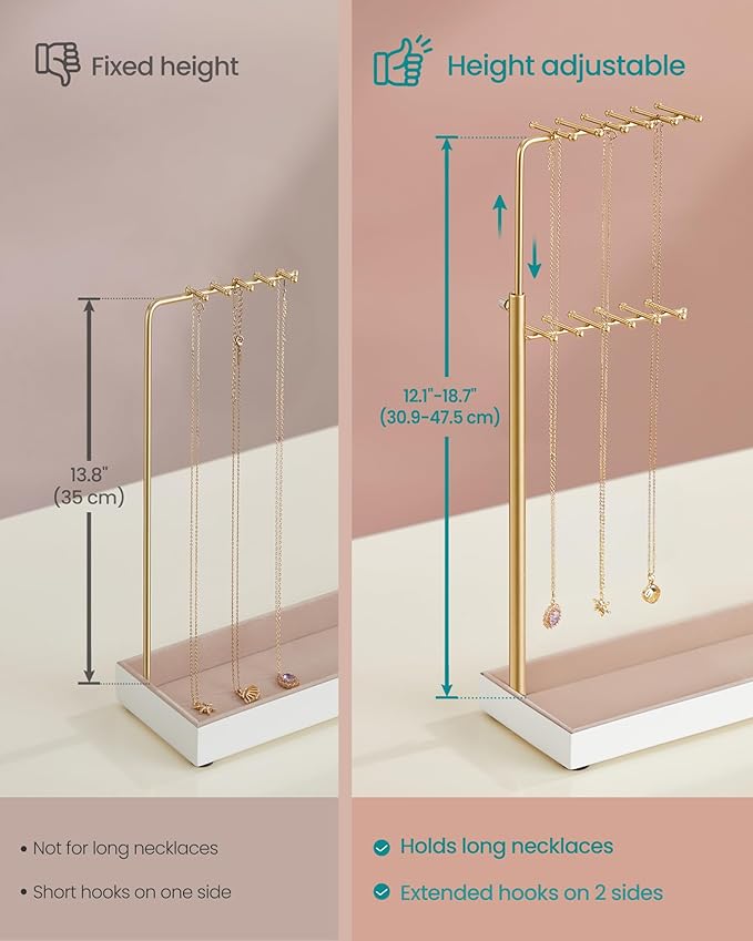 SONGMICS Jewelry Holder, Jewelry Storage Organizer Stand with Metal Frame, Velvet Tray, 12.1 to 18.7 Inches Tall Height Adjustable Necklace Holder, for Rings, Earrings, Pale Gold UJJS026A01