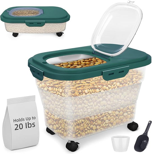 YECERCAN Airtight Dog Food Storage, Collapsible Pet Food Container 17-20 lb with Castors, Plastic Dog Food Bin with Pet Food Scoop & Measuring Cup for Dry Food Storage(green)