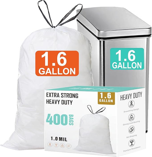1.6 Gallon Drawstring Trash Bags (400 Count) 1.0 Mils Heavy Duty Small Garbage Bags Fit 4.5-8 Liter 1.2-2 Gal White Trash Bin Liners for Home Office Kitchen Bathroom Bedroom