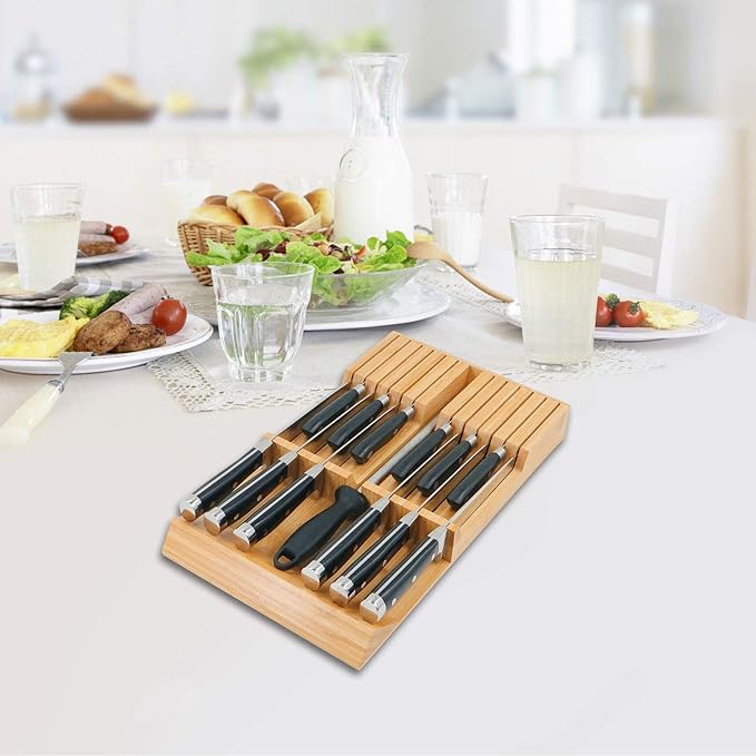 Utoplike in-Drawer Knife Block Bamboo Kitchen Knife Drawer Organizer, Handle Steak Knife Holder Without Knives, Fit for 12 Knives and 1 Sharpening Steel (Knives Not Included)