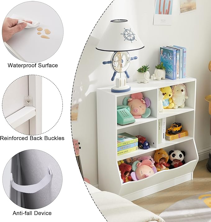 TOYMATE Toy Organizers and Storage, Kids Bookshelf and Bookcase for Playroom, Bedroom, Reading Nook, Toddler's Room, Nursery, White