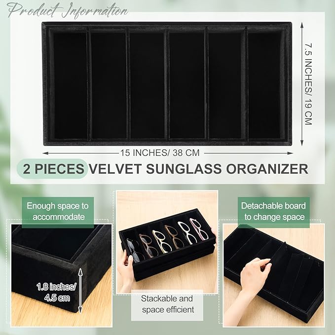 Juexica 2 Pcs Velvet Sunglasses Organizer Tray 6 Grid Sunglass Organizer Velvet Tray Stackable Glasses Display Case for Women Glasses Jewelry Display Watch (Black)