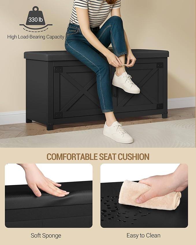 Hzuaneri Shoe Storage Bench - 2-Tier Farmhouse Entryway Bench, Black