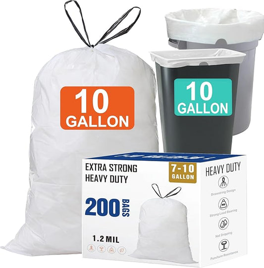 10 Gallon Drawstring Trash Bags (200 Count) 1.2 Mil Heavy Duty Garbage Bags Compatible with Rubbermaid Brute 10 Gallon Trash Can & Fit All 7, 9, 10, 13 Gallon Trash Can Tear & Leak Resistant