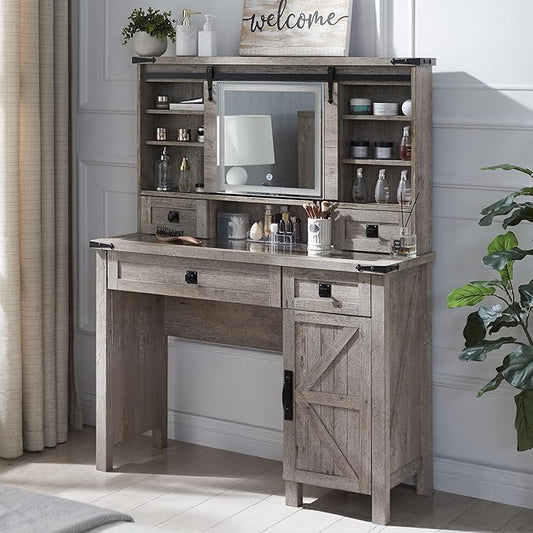 T4TREAM Farmhouse Makeup Vanity Desk with Sliding Mirror and Lights, 42'' Glass Tabletop Vanity Table with 2 Drawers & Shelves, Rustic Big Vanity Set for Bedroom, Light Rustic Oak