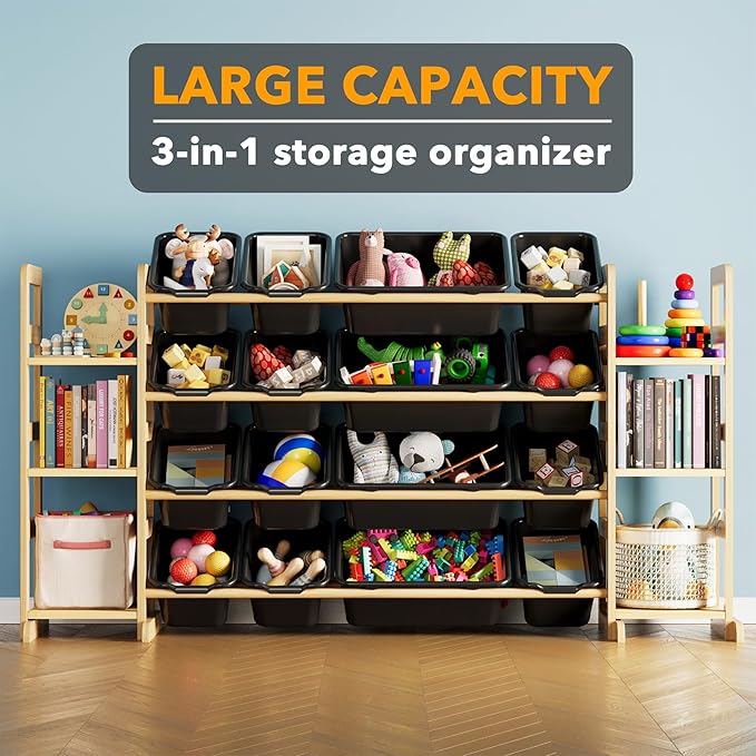 SpaceAid Toy Storage Organizer with 6 Shelves and 16 Bins, Toy Organizers Storage Bookshelf, Kids Bin Shelf Toys Box Bookcase for Bedroom Playroom Organization Room Decor, True Black