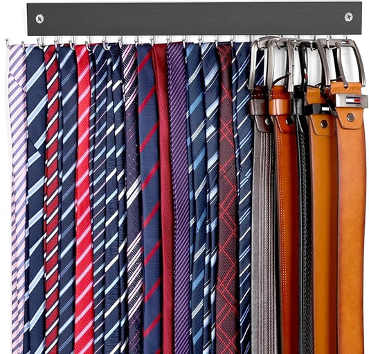 【2 in 1】 Tie Rack Belt Organizer Wall Mounted, Space Saving Tie Hanger for Closet with 20 Storage Hooks, Belt Holder for Closet Organizer Storage