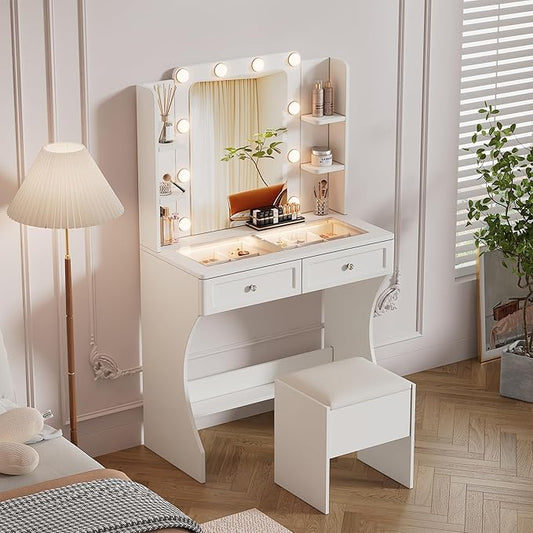 KDCAS Vanity Desk with Mirror and Lights | 31.5" Modern Glass Top Makeup Vanity Set with 2 Drawers & Hidden Storage Stool | Small Space Dressing Table for Bedroom(White)